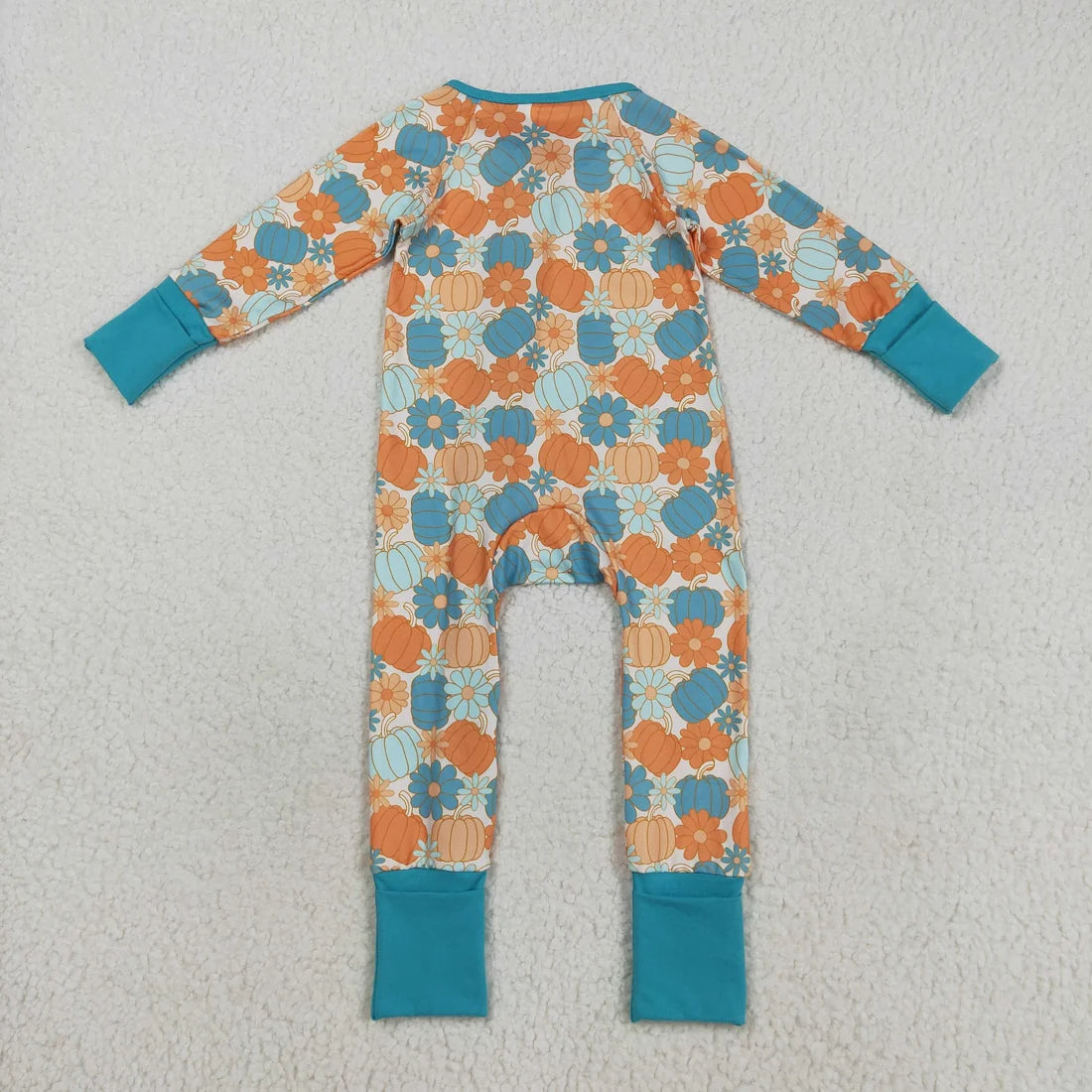 Sibling Baby Colorful Flowers Pumpkins Fall Two Way Zip Convertible Rompers