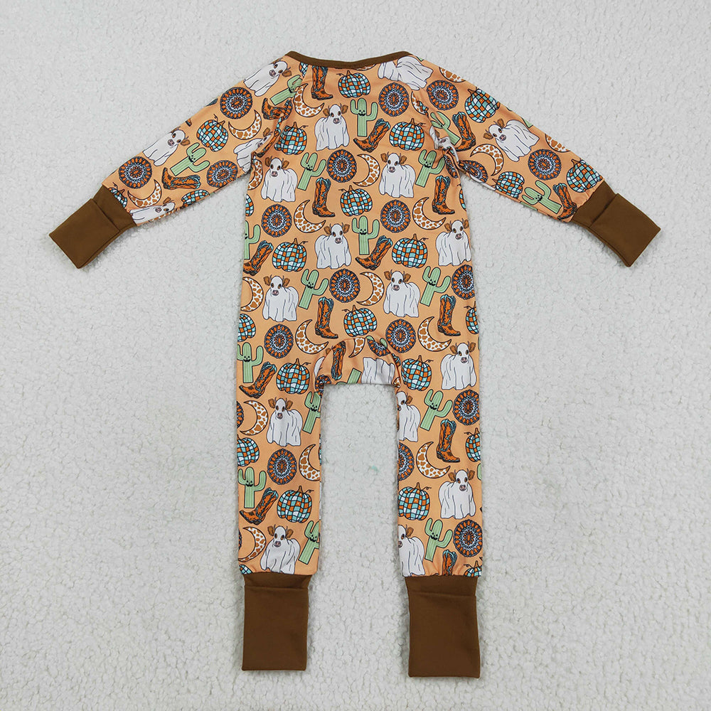 LR2463 Highland Cow Cactus Boots Print Baby Halloween Zipper Sleeper Romper