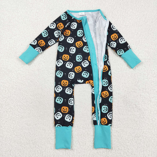 LR2465 Pumpkin Print Baby Boys Halloween Zipper Sleeper Romper
