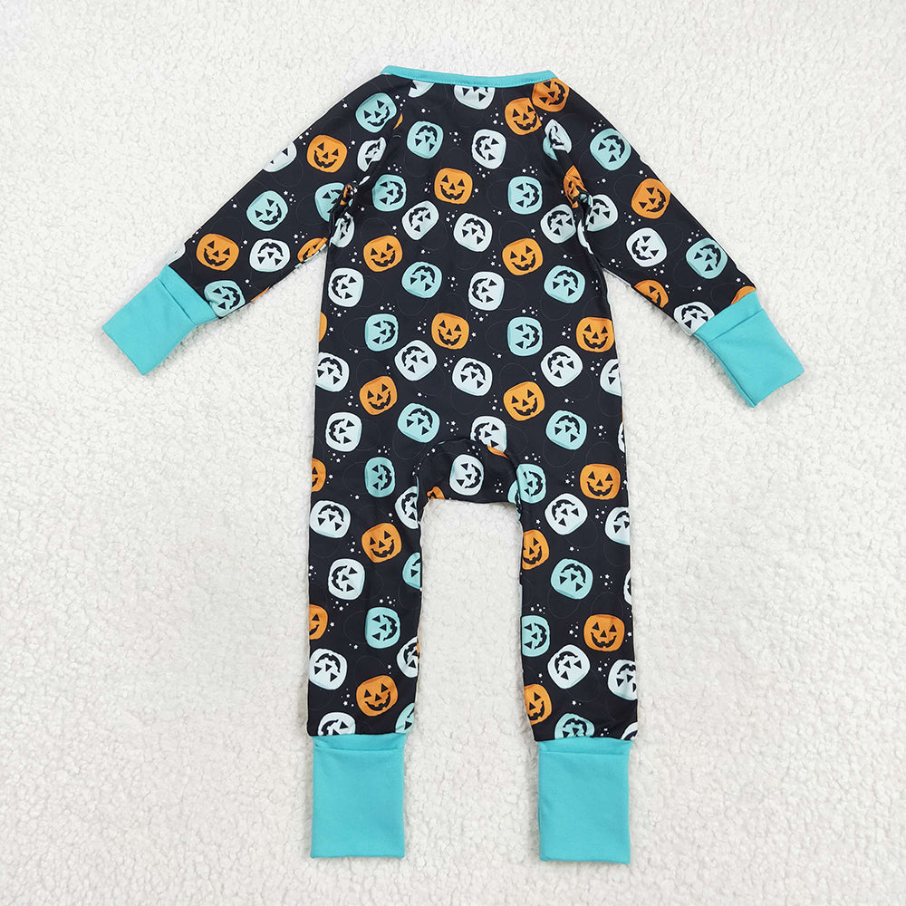 LR2465 Pumpkin Print Baby Boys Halloween Zipper Sleeper Romper