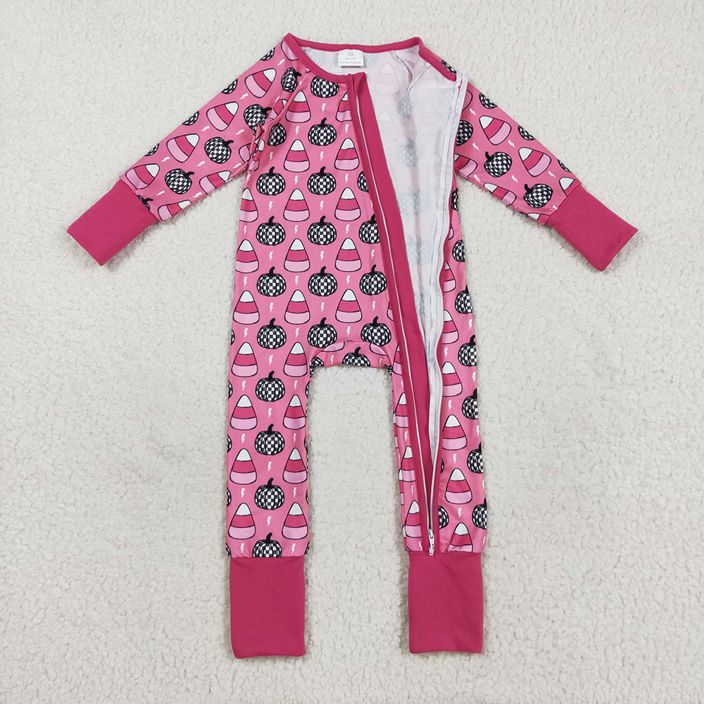 LR2467 Pumpkin Candy Pink Print Baby Girls Halloween Zipper Sleeper Romper