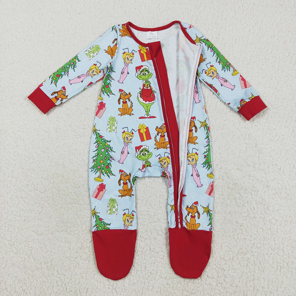 LR2478 Green Frog Print Baby Christmas Zipper Sleeper Footie Romper