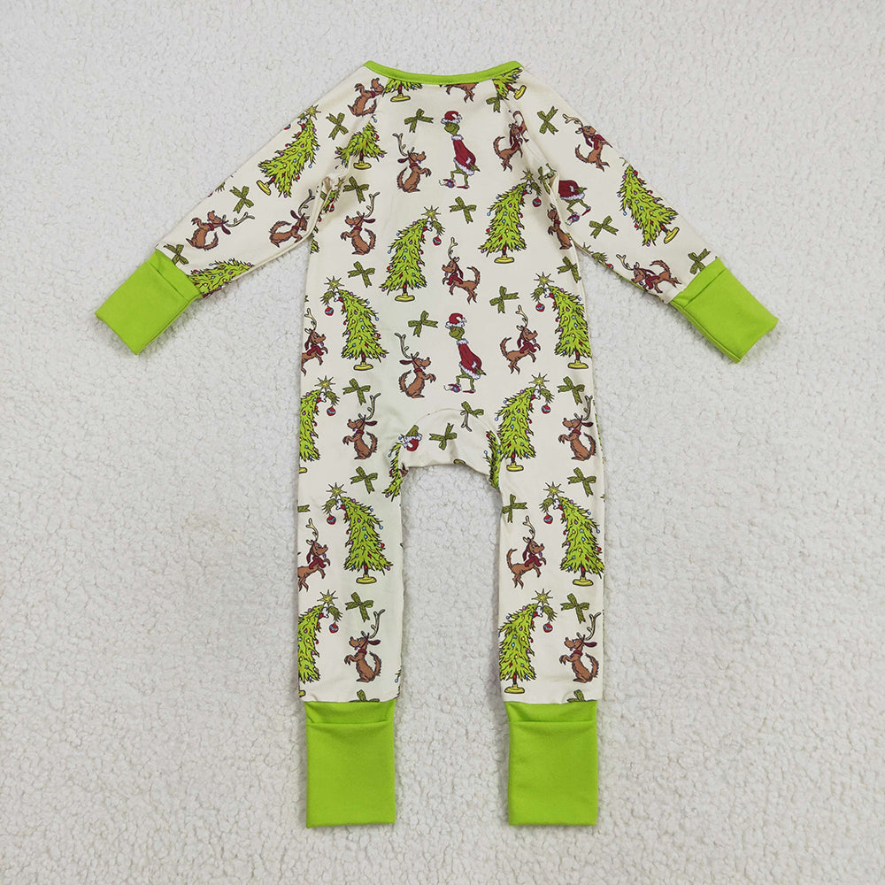 LR2481 Green Frog Tree Print Baby Christmas Zipper Sleeper Romper
