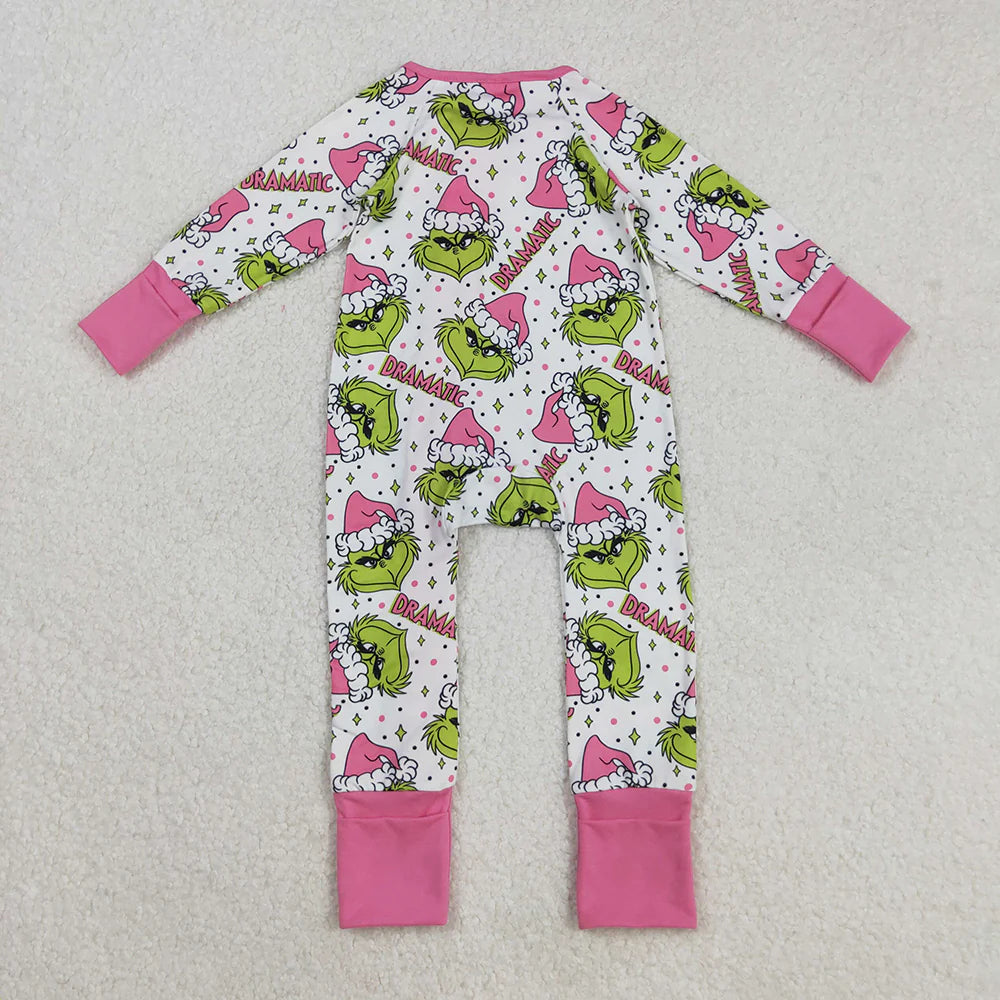 Baby Girls Green Faces Stars Ruffle Zipper Christmas Rompers