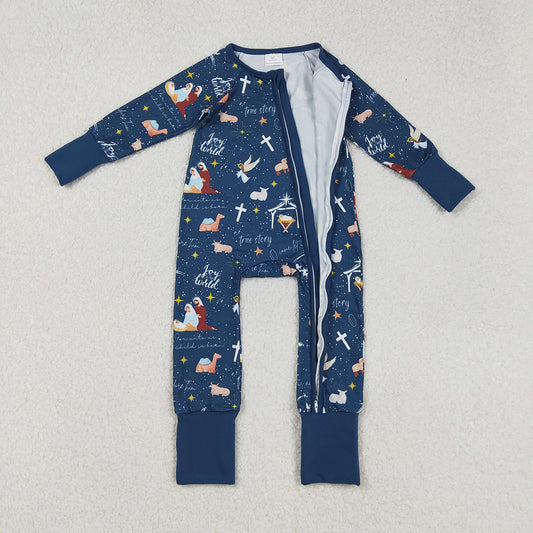 LR2504 Nativity Navy Print Baby Christmas Zipper Sleeper Romper