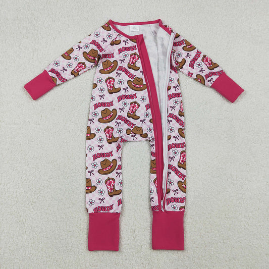 LR2516 Howdy Boots Hat Plaid Print Baby Girls Long Sleeve Zipper Sleeper Summer