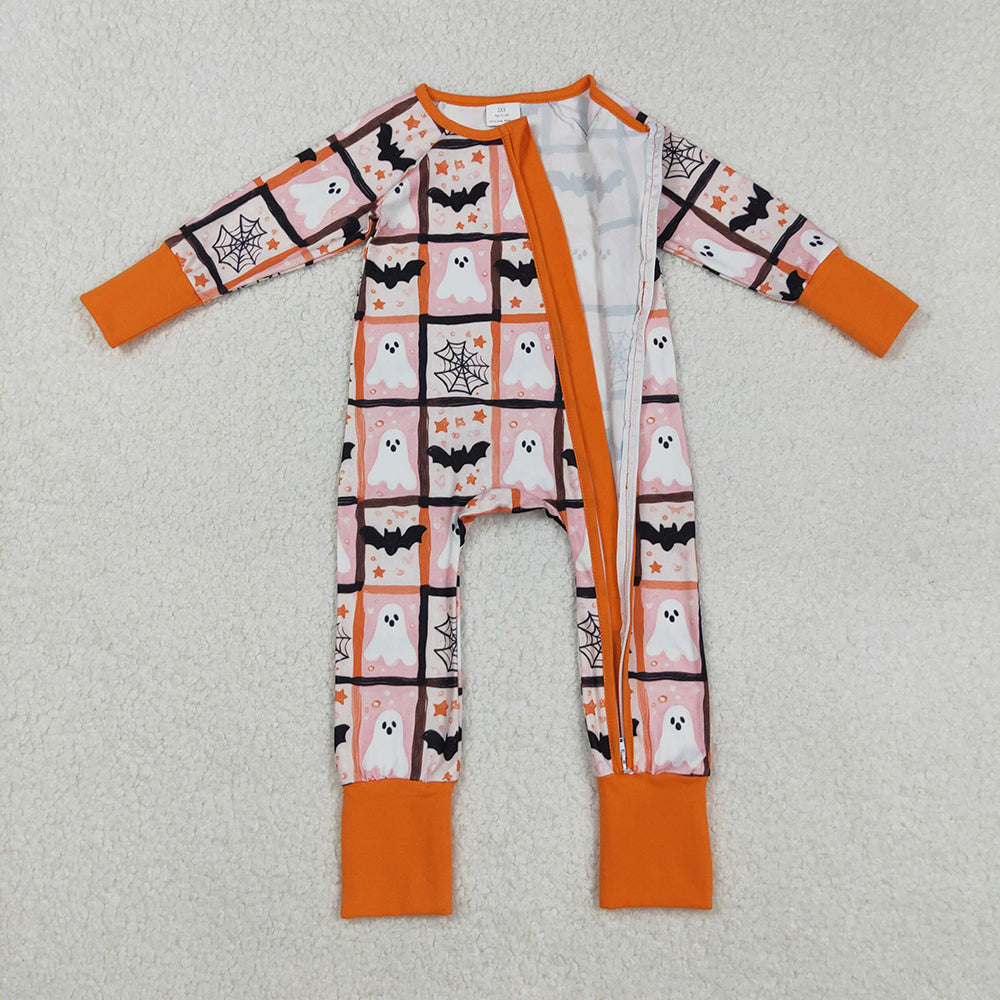 LR2539 Ghost Bat Web Print Baby Halloween Zipper Sleeper Romper