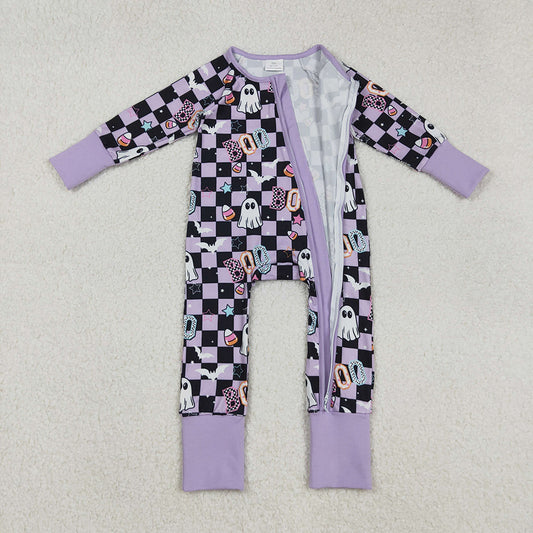 LR2541 Ghost Bat BOO Checkered Print Baby Girls Halloween Zipper Sleeper Romper