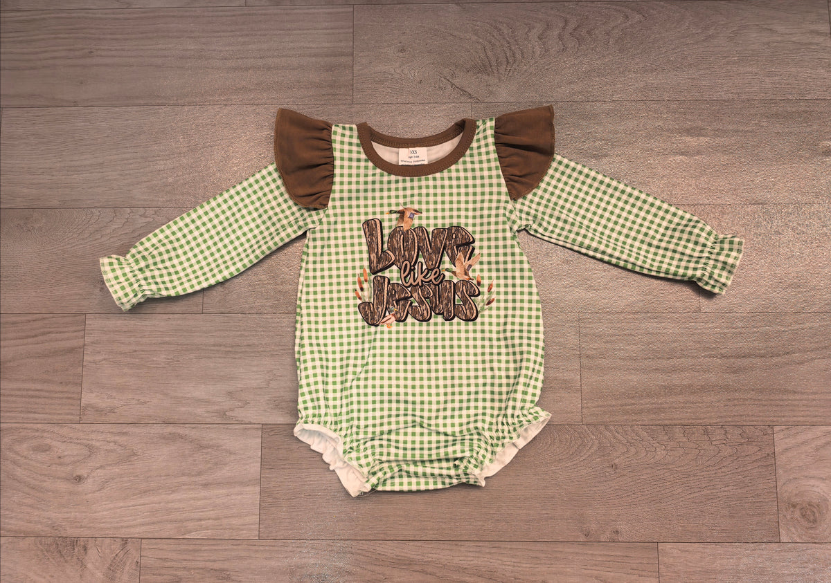 LR2551 Preorder LOVE LIKE JESUS Duck Checkered Print Baby Girls Romper