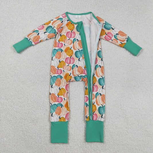 LR2552 Colorful Pumpkin Print Baby Girls Fall Zipper Sleeper Romper