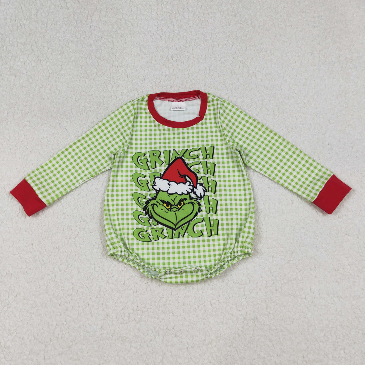 LR2555 Green Frog Checkered Print Baby Boys Christmas Romper