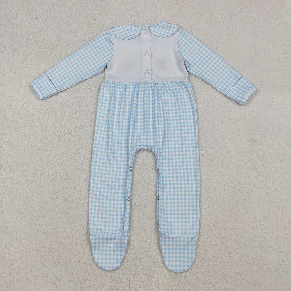 LR2561 Turkey Pumpkin Embroidery Blue Checkered Baby Boys Thanksgiving Doll Collar Romper