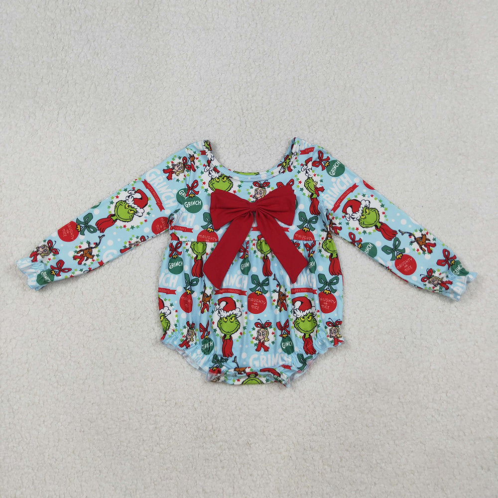 LR2575 Green Frog Blue Print Big Bow Baby Girls Christmas Romper