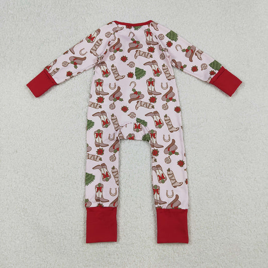 LR2584 Boots Holly Print Baby Girls Christmas Zipper Sleeper Romper