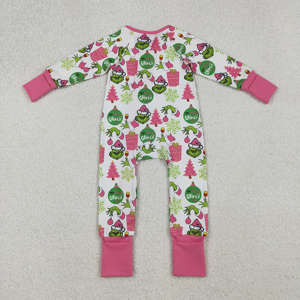 LR2588 Green Frog Smiling Pink Print Baby Girls Christmas Zipper Sleeper Romper