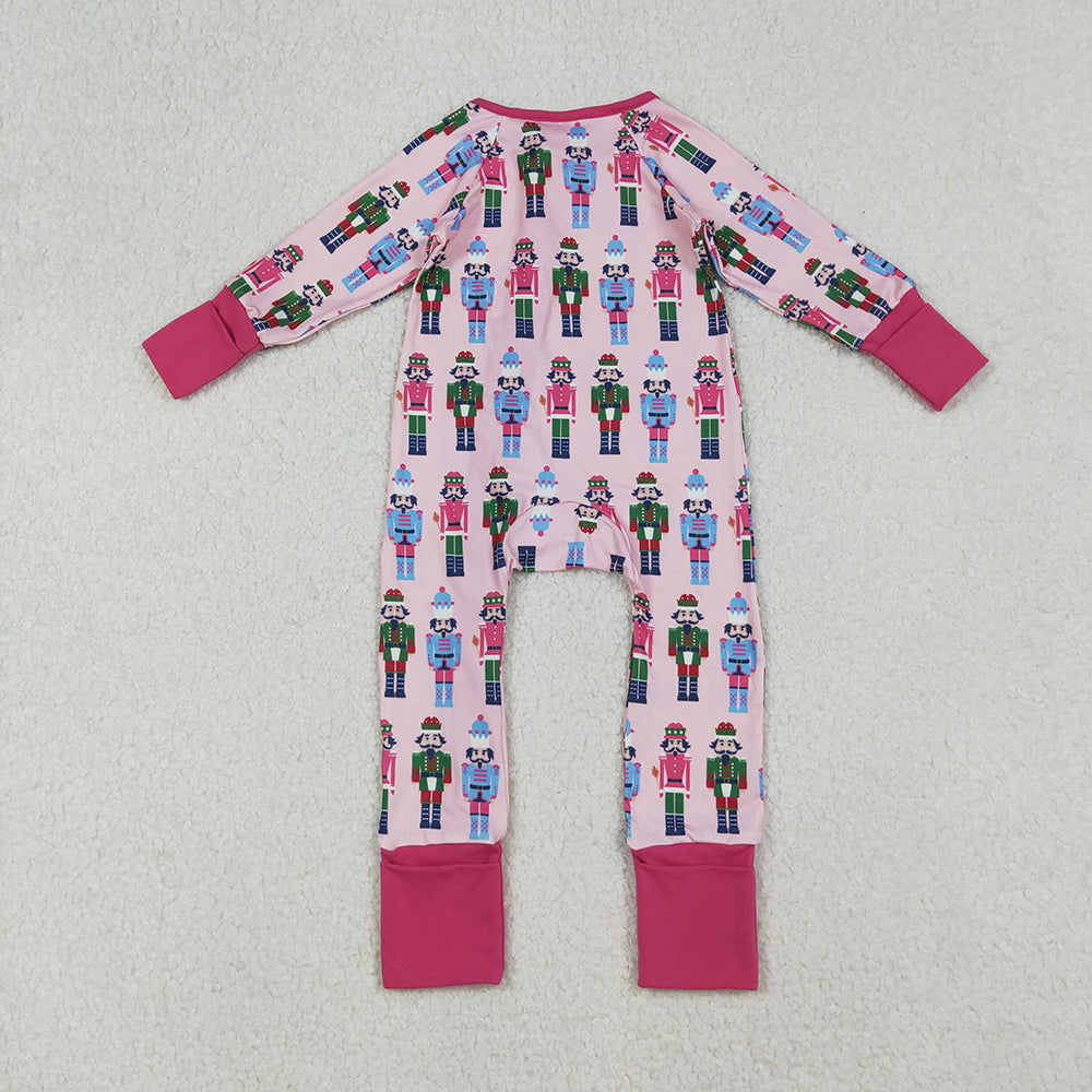 LR2598 Nutcracke* Soldier Pink Print Baby Girls Christmas Zipper Sleeper Romper