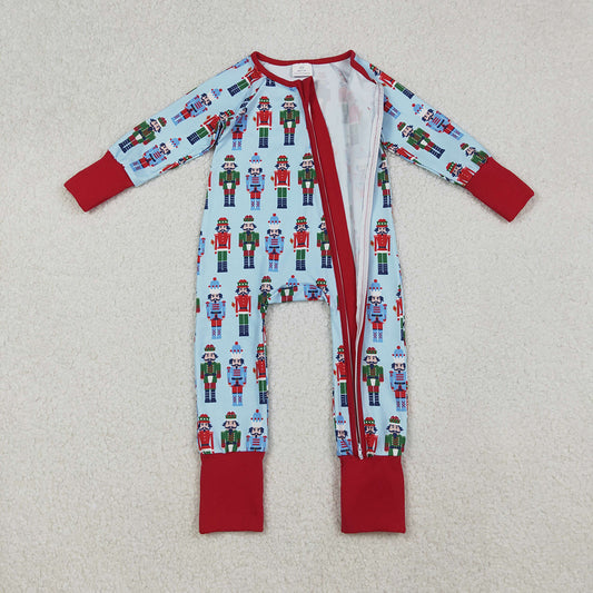 LR2599 Nutcracke* Soldier Blue Print Baby Boys Christmas Zipper Sleeper Romper