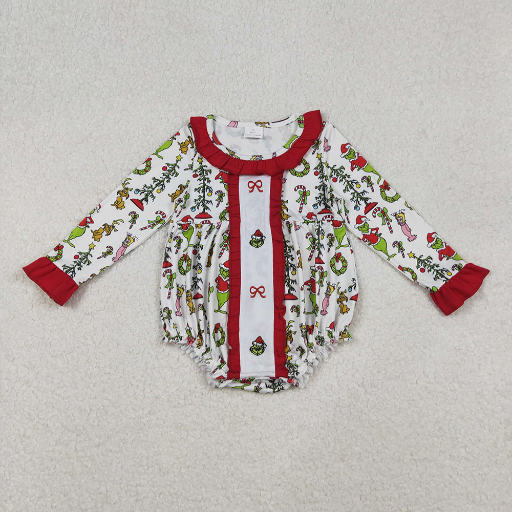 LR2635 Green Frog Print Baby Girls Christmas Ruffle Romper