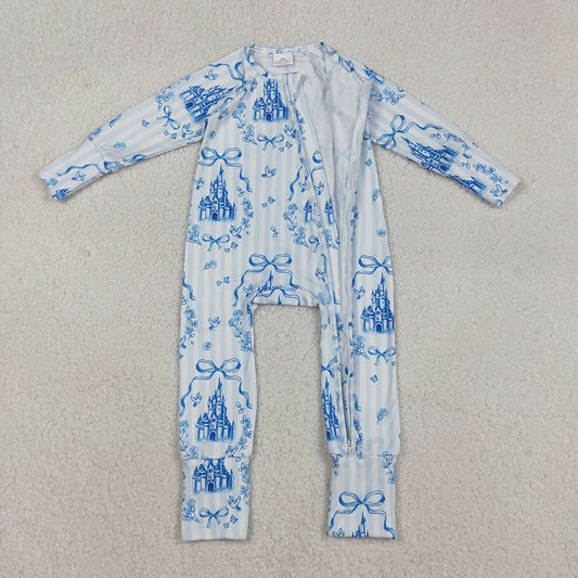 LR2661 Castle Bows Stripes Print Baby Girls Long Sleeve Zipper Sleeper Summer