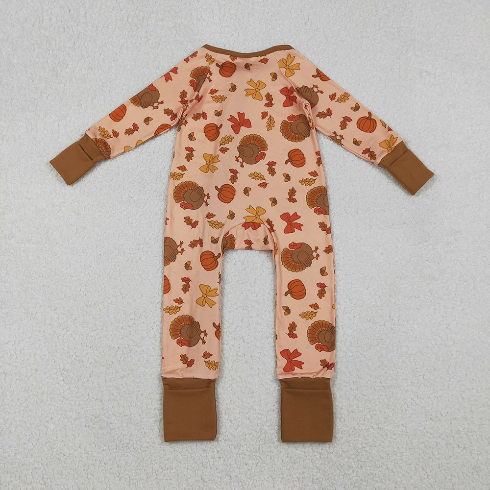 LR2689 Turkey Pumpkin Bows Print Baby Girls Thanksgiving Zipper Sleeper Romper