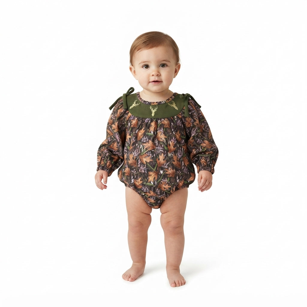 LR2728 Deer Embroidery Branch Camo Baby Girls Long Sleeve Bubble Romper