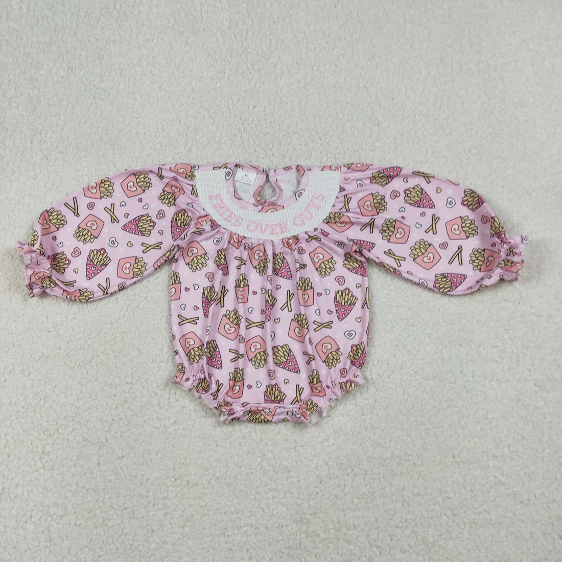 Baby Girls Valentine Fries Over Guys” Embroidery Bubble Romper