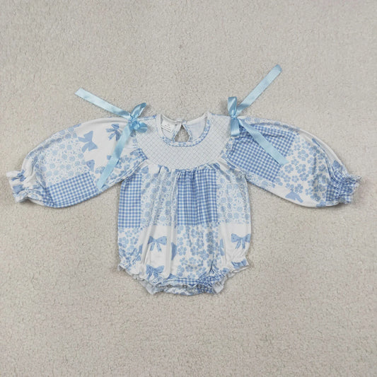 Sibling Smocked Checked Baby Girls Short Sleeve Colorful Bows Flowers Ruffle Rompers
