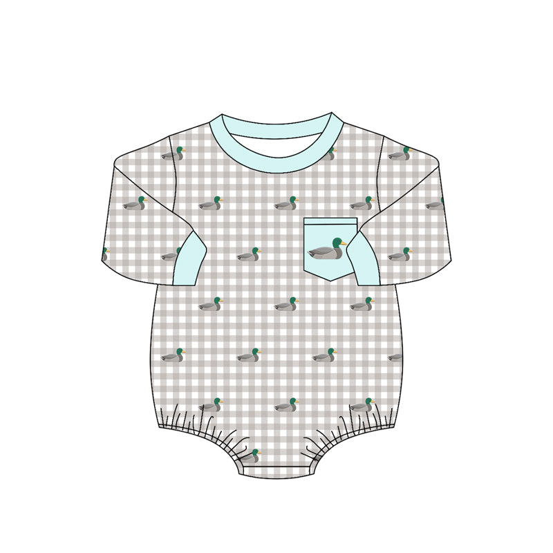 4.16 Baby Boys Duck Print Grey Gingham Long Sleeve Bubble Romper Preorder