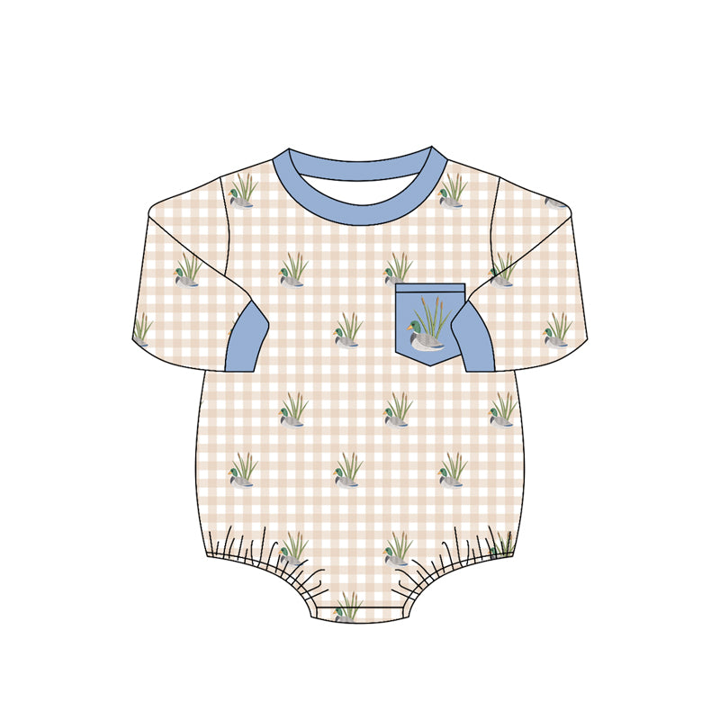 4.16 Baby Boys Mallard Duck Gingham Long Sleeve Bubble Romper Preorder