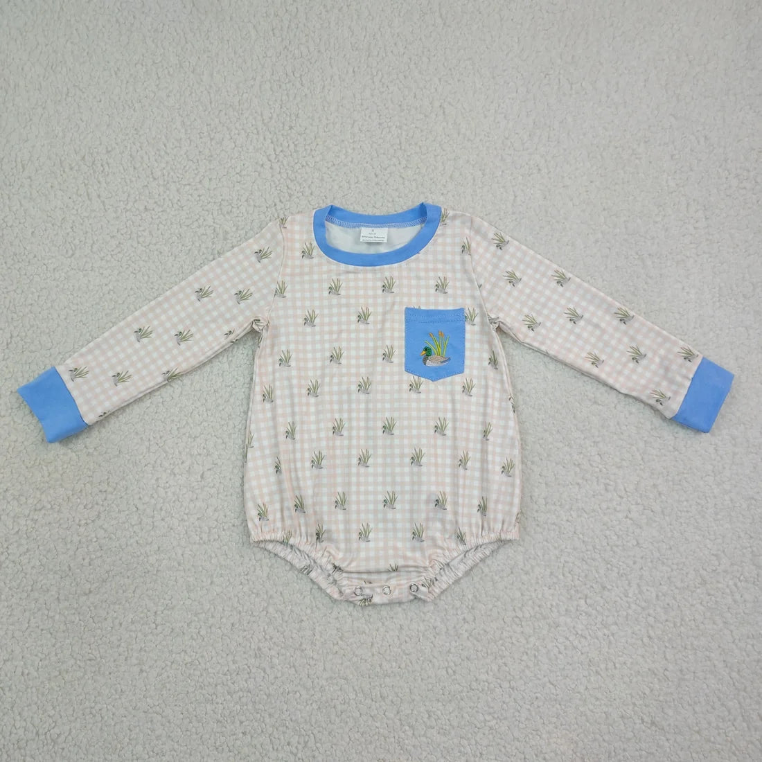 Sibling Baby Boys Embroidery Ducks Blue Checked Hunting Rompers