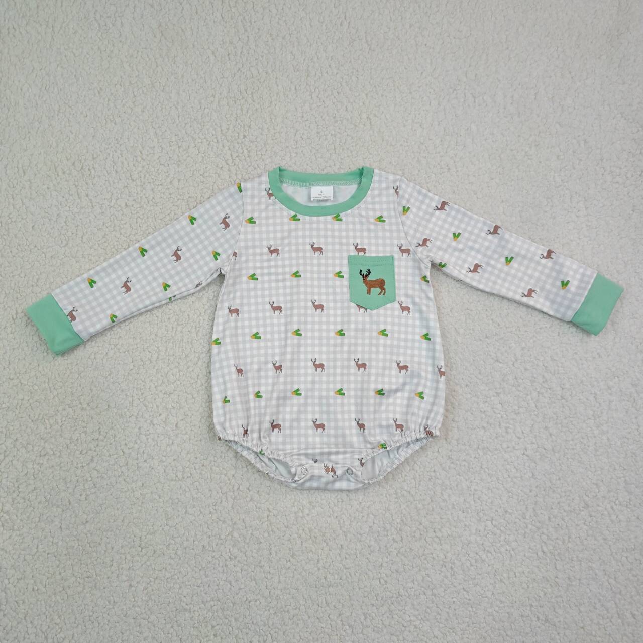 LR3003 Deer Embroidery Pocket Checkered Print Baby Boys Long Sleeve Romper