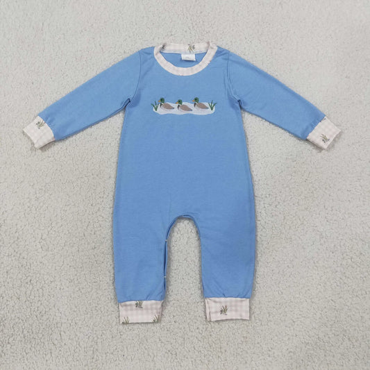 Sibling Baby Boys Embroidery Ducks Blue Checked Hunting Rompers