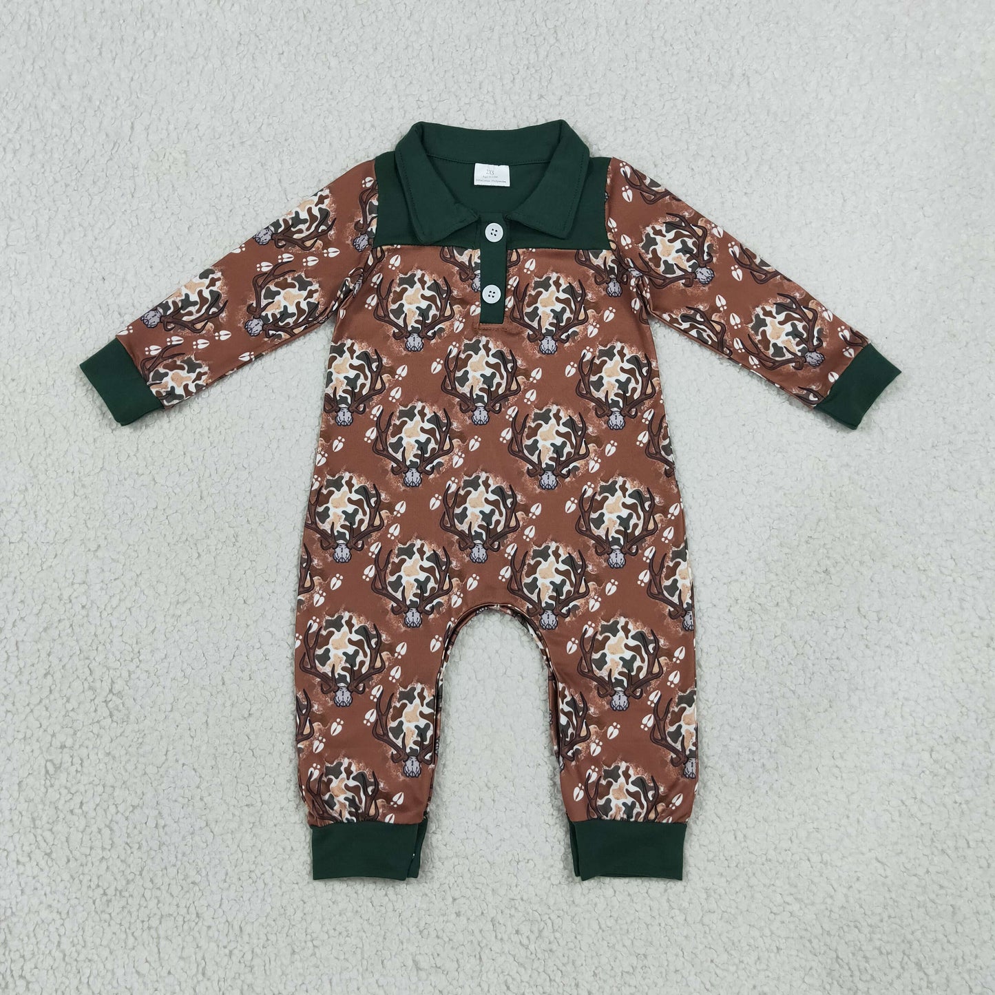LR3013 Deer Skull Camo Brown Print Baby Boys Long Sleeve Romper