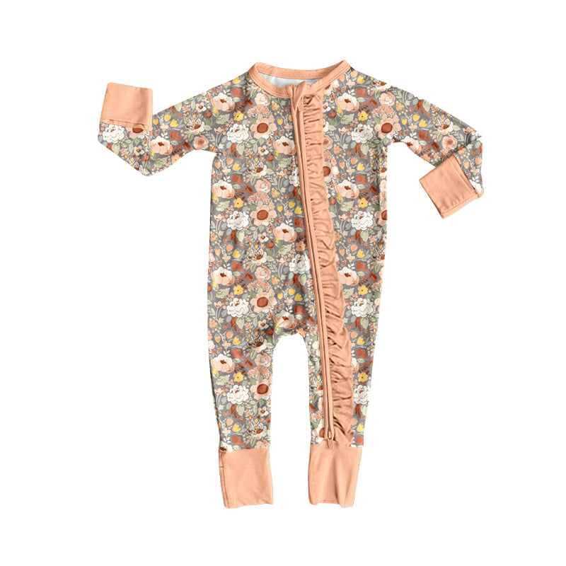 4.17 Peach Floral Baby Zip Romper - Long Sleeve Sleeper with Ruffle Zipper Preorder
