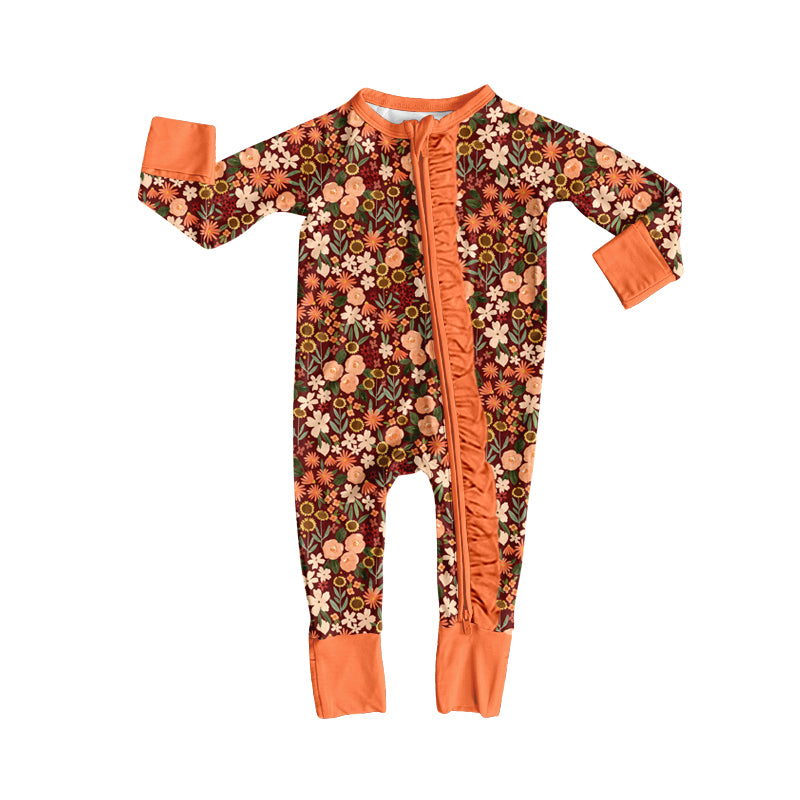 4.17 Orange Floral Baby Zip Romper - Long Sleeve Sleeper with Ruffle Zipper Preorder
