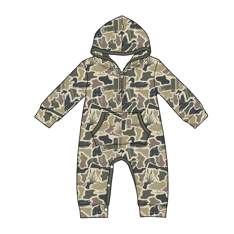 LR3029 Duck Brown Camo Print Baby Boys Zipper Pocket Hoodie Romper