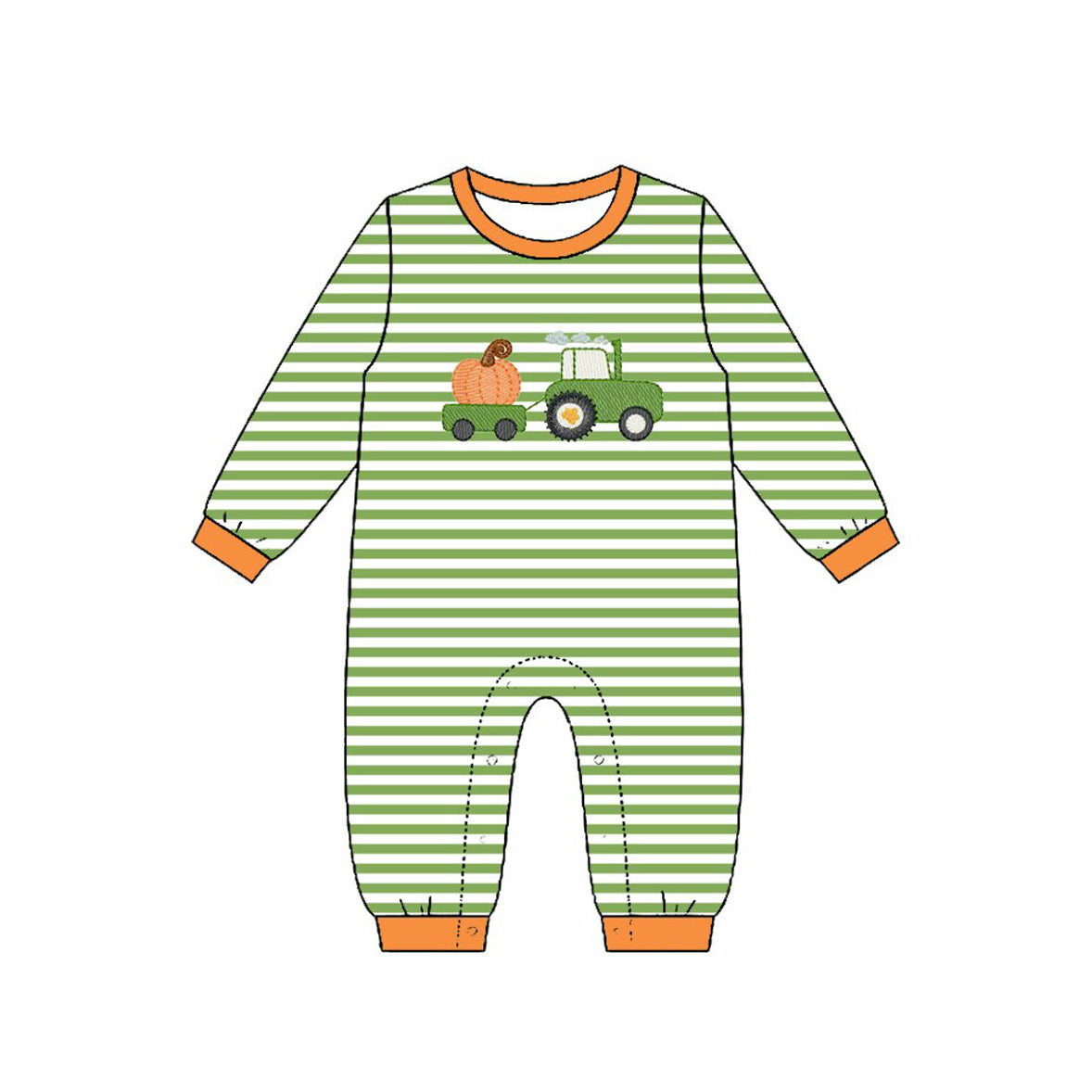 4.23 Baby Boy Tractor Pumpkin Green Striped Long Sleeve Romper Preorder