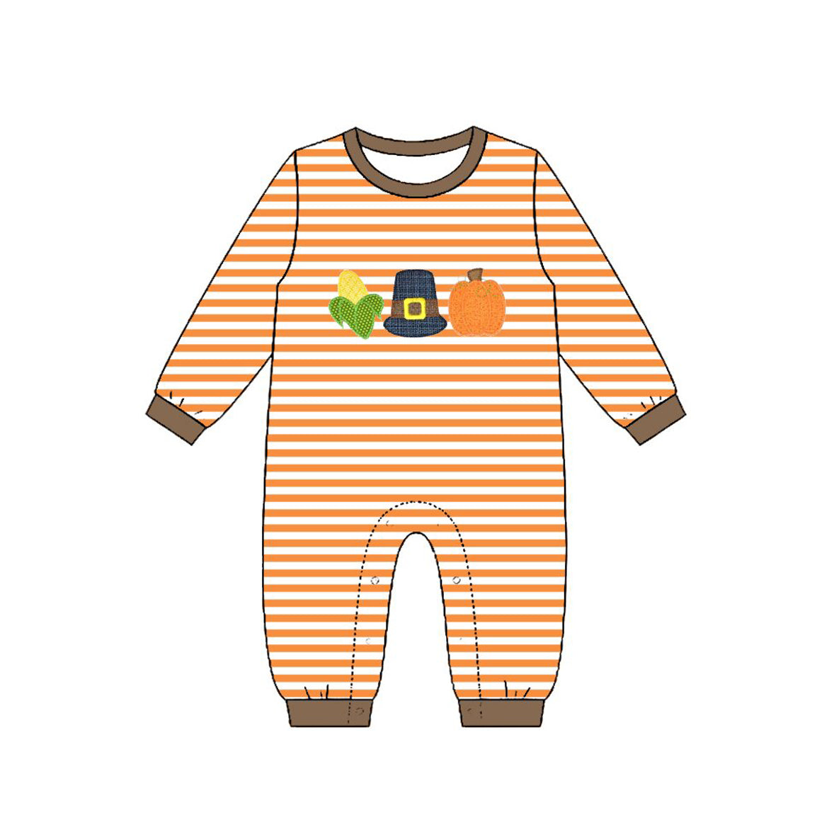 4.23 Baby Boy Thanksgiving Baby Romper Orange Stripe Corn & Pumpkin Onesie Preorder