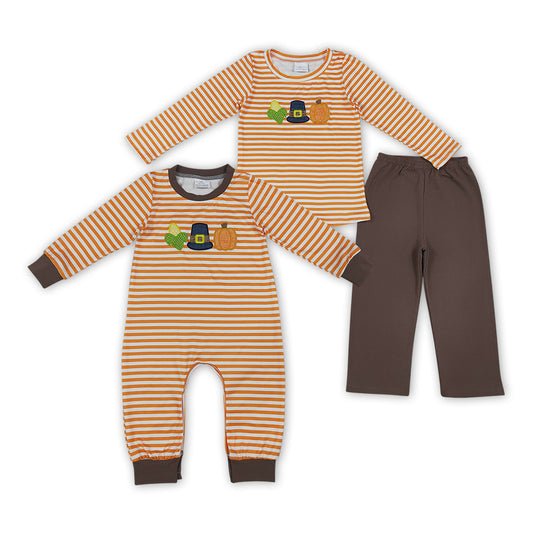 Corn & Pumpkin Embroidery Stripes Boys Thanksgiving Romper & Outfits Brothers Wear Clothes