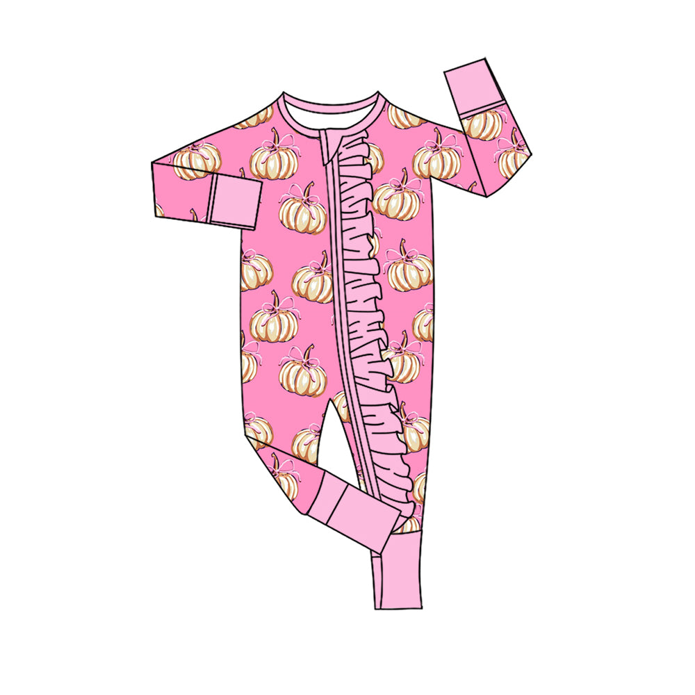 4.28 LR3058 Pumpkin Bows Pink Baby Girls Fall Zipper Sleeper Romper Preorder