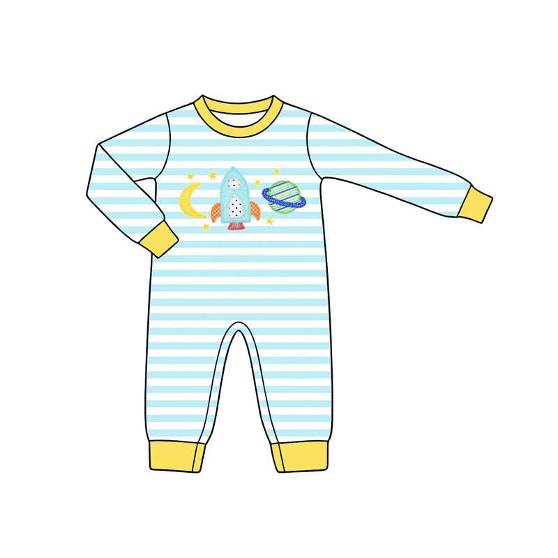 4.28 Baby Space Rocket Sleeper - Blue Striped Footless Romper with Yellow Trim Preorder