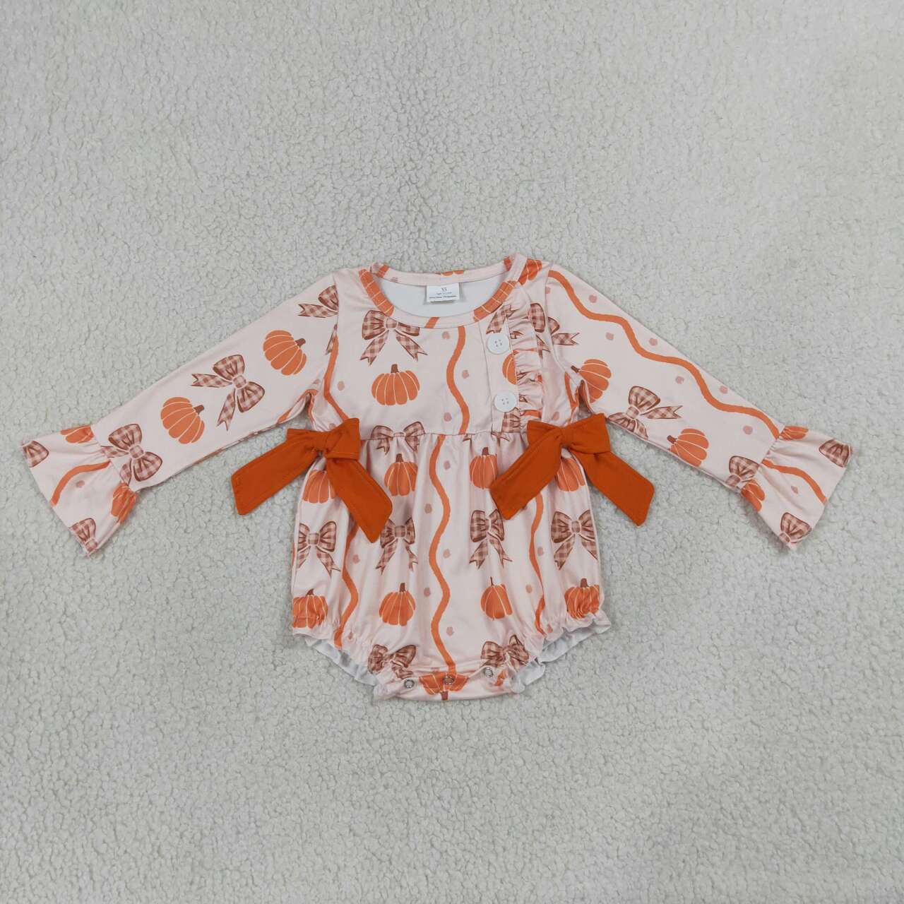 LR3083 Pumpkin Bows Print Baby Girls Fall Long Sleeve Bubble Romper