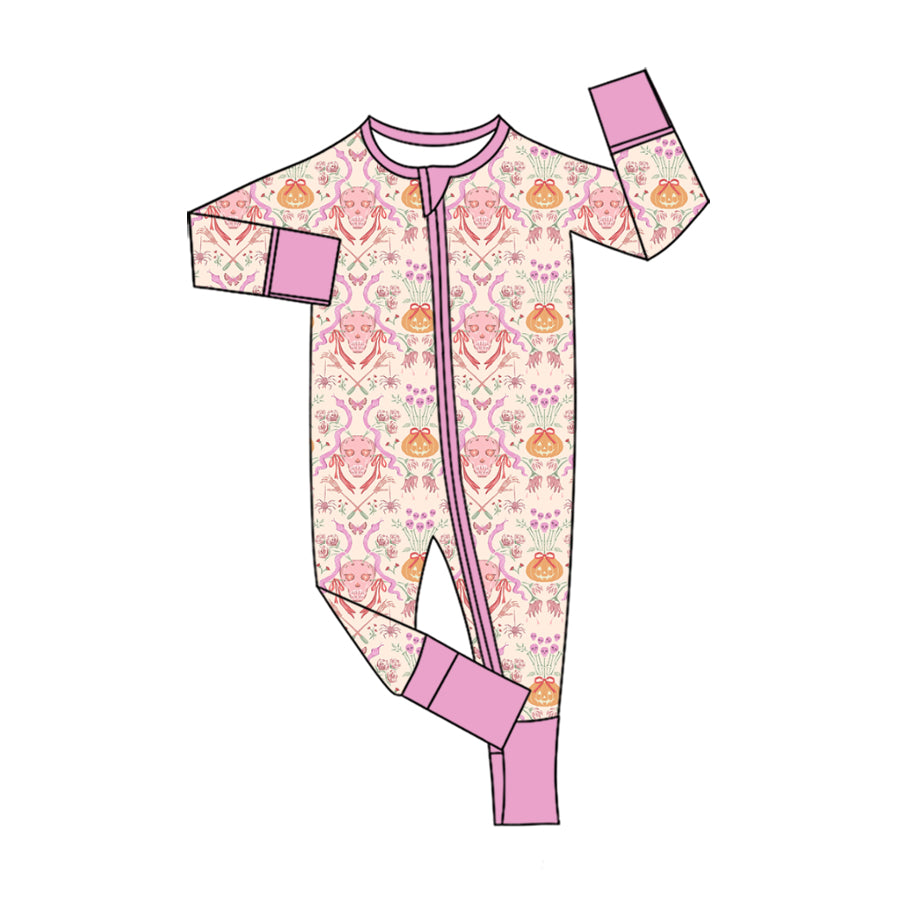 5.20 Baby Pink Halloween Skull & Pumpkin Zip Romper Preorder