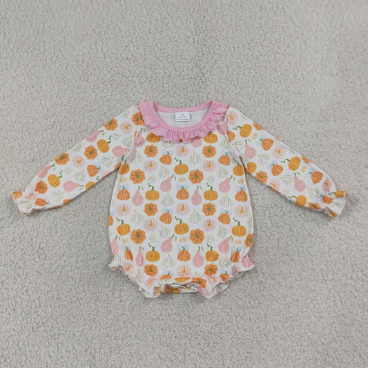 LR3098 Pumpkin Bows Print Baby Girls Fall Romper