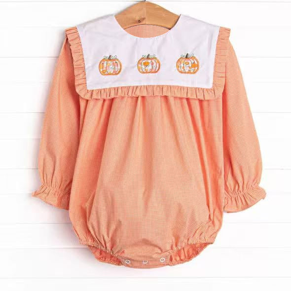6.18 Preorder LR3101 Pumpkin Orange Print Baby Girls Fall Romper