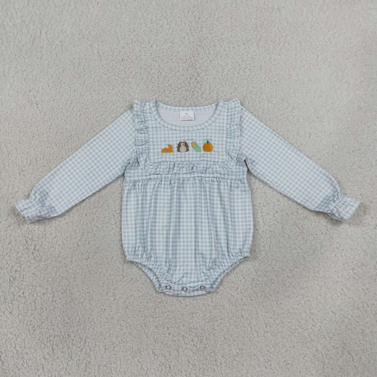 LR3104 Turkey Pumpkin Embroidery Checkered Print Baby Girls Thanksgiving Romper