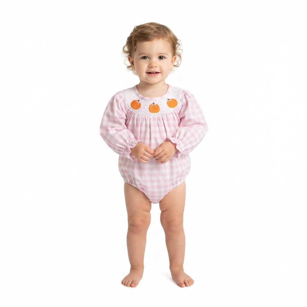 LR3106 Pumpkin Embroidery Gingham Baby Girls Smocked Romper