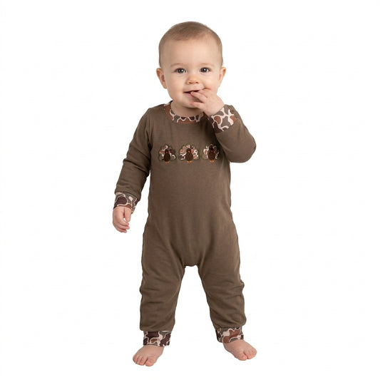 LR3108 Turkey Embroidery Brown Camo Baby Boys Thanksgiving Romper