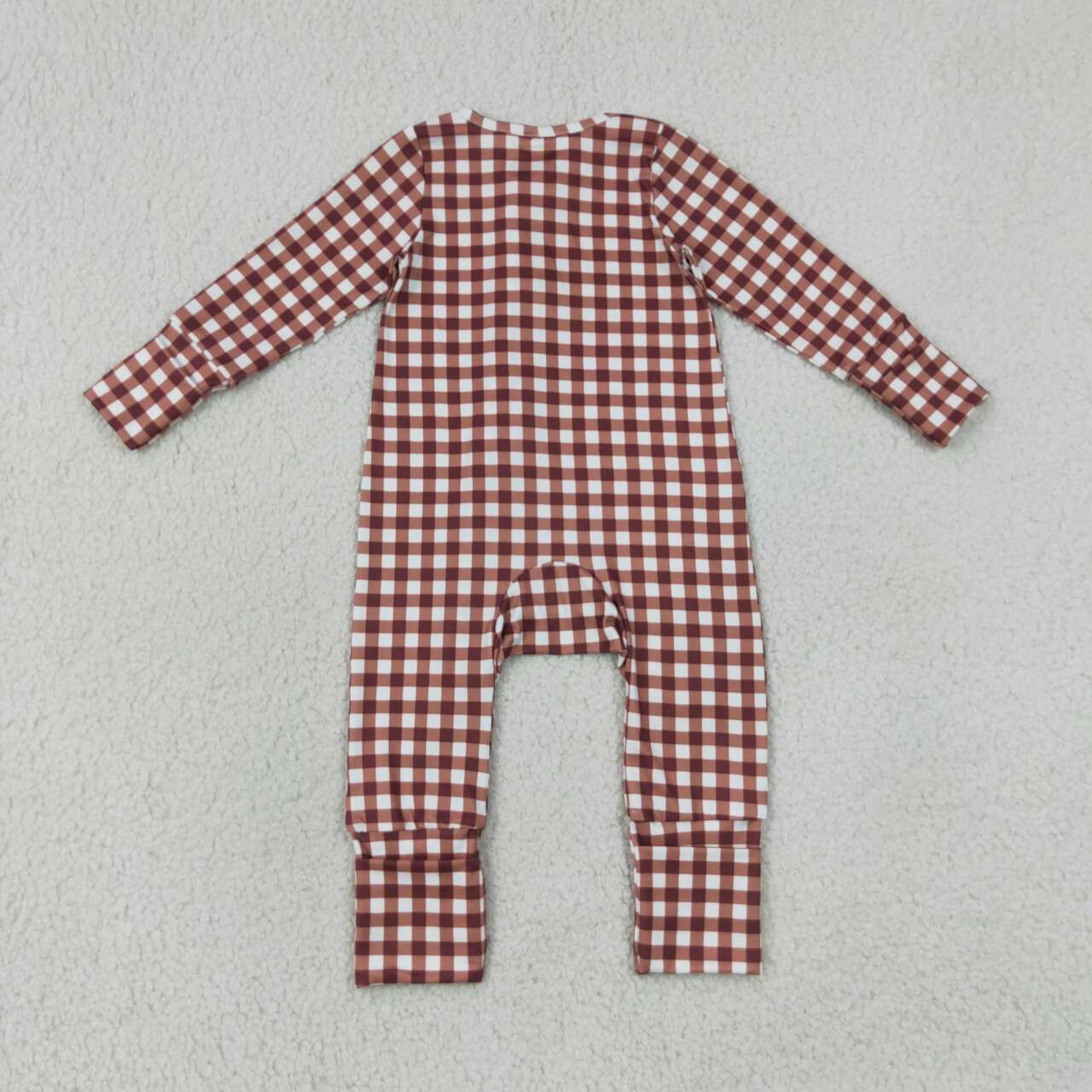 LR3113 Brown Checkerd Baby Long Sleeve Zipper Sleeper Romper
