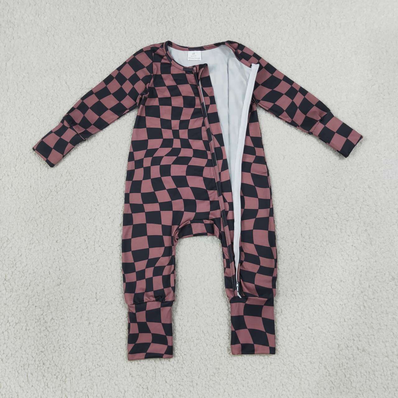 LR3115 Brown Black Wavy Checkerd Baby Long Sleeve Zipper Sleeper Romper